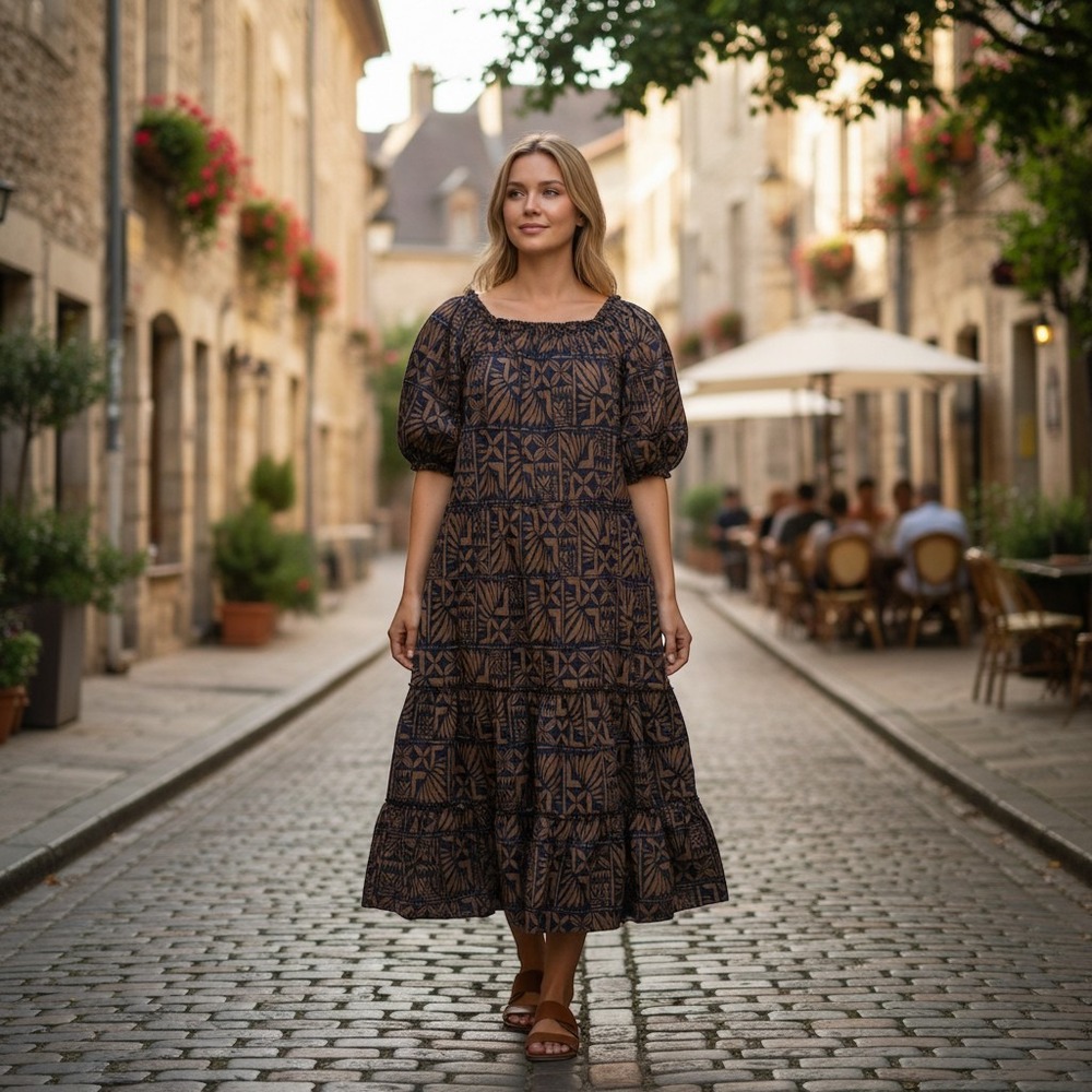 Tanoa Tiered Midi Dress Womens 16P Brown Navy Excellnt Topical Print Puff Slve